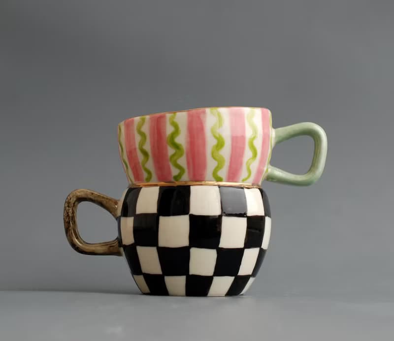 Porcelain mug Painted black and white check Dancing mug Wonderland