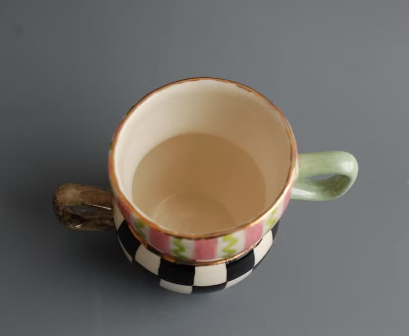 Porcelain mug Painted black and white check Dancing mug Wonderland