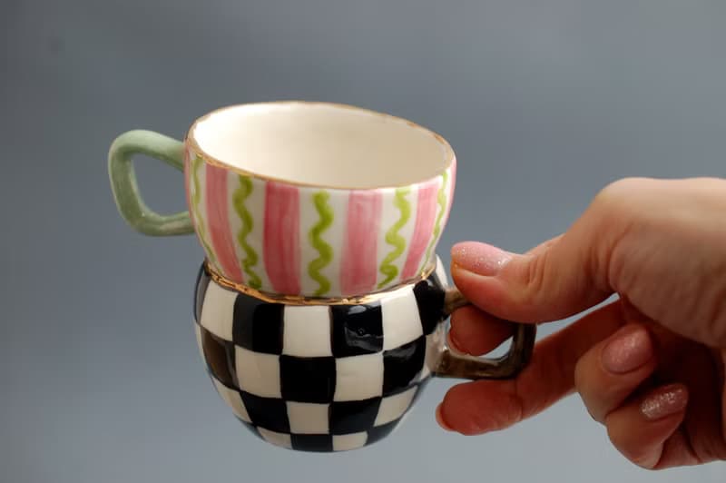 Porcelain mug Painted black and white check Dancing mug Wonderland