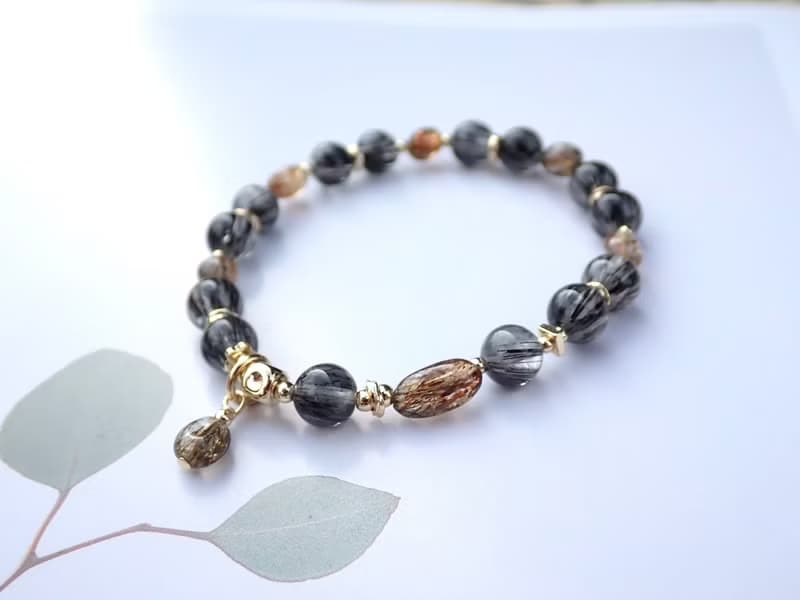 黑鎏金脈//順髮黑髮晶隨型黑金超招財能量手鍊