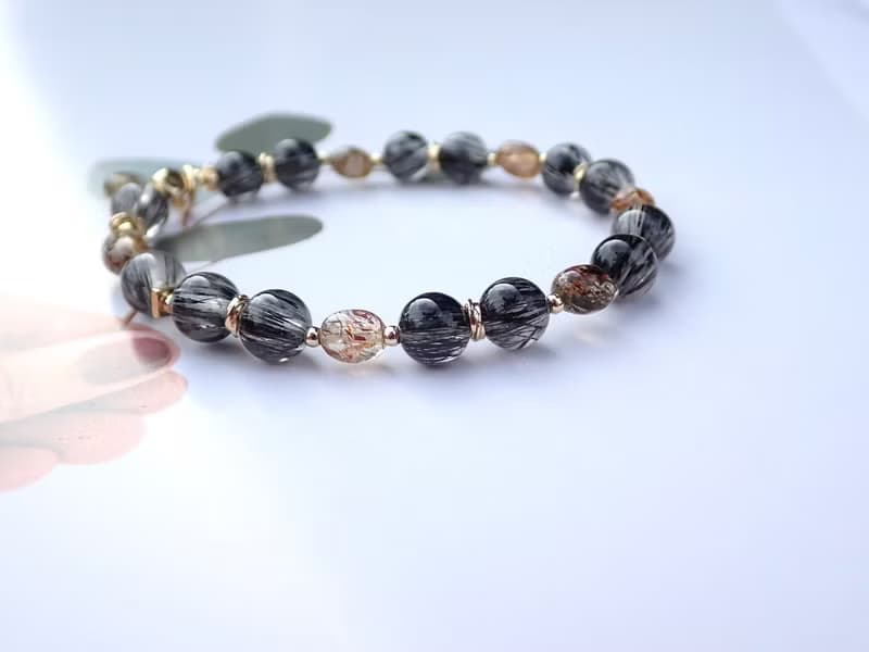 黑鎏金脈//順髮黑髮晶隨型黑金超招財能量手鍊