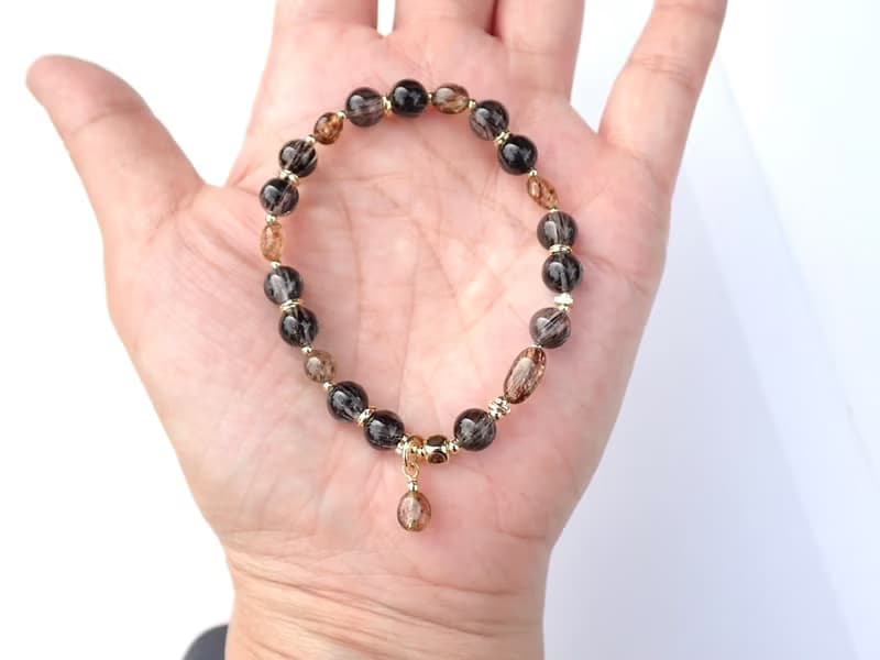 黑鎏金脈//順髮黑髮晶隨型黑金超招財能量手鍊