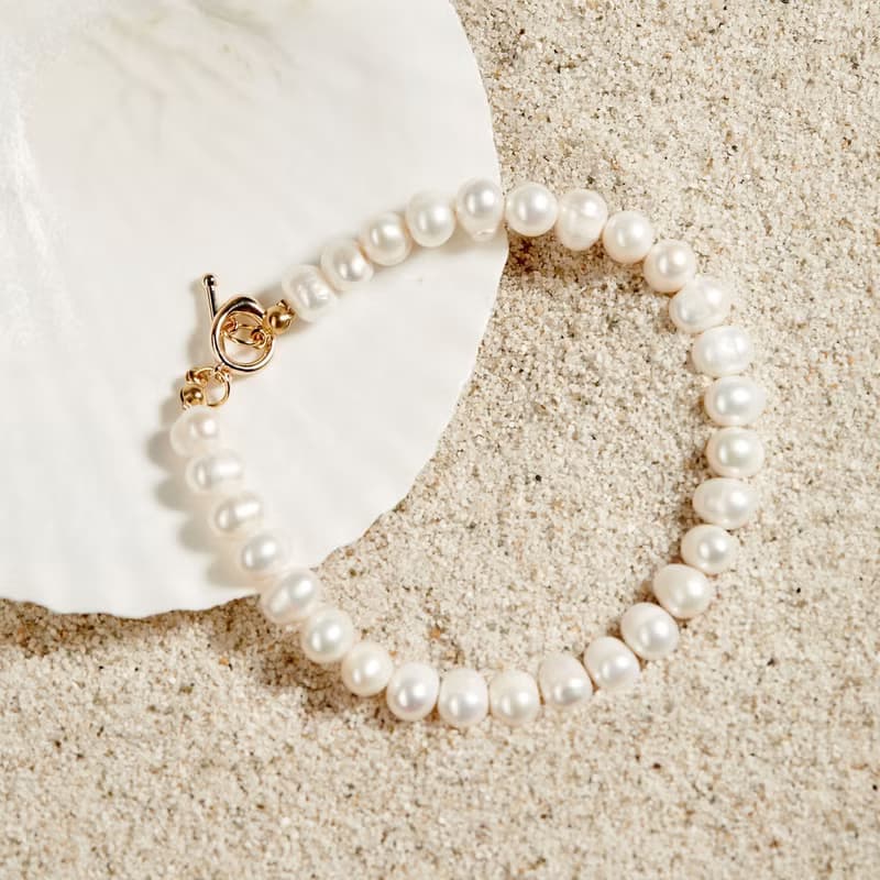 天然白色淡水珍珠手鏈 7–8mm 金色OT扣 經典優雅 生日禮物