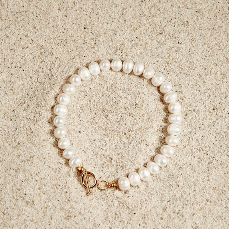 天然白色淡水珍珠手鏈 7–8mm 金色OT扣 經典優雅 生日禮物