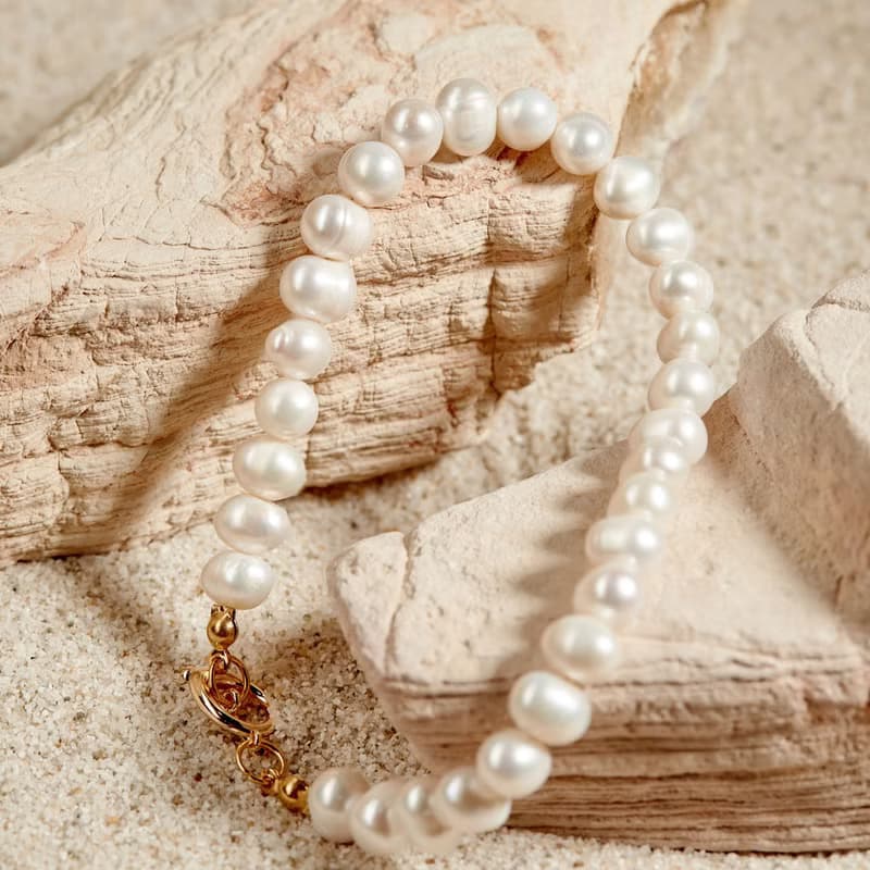 天然白色淡水珍珠手鏈 7–8mm 金色OT扣 經典優雅 生日禮物