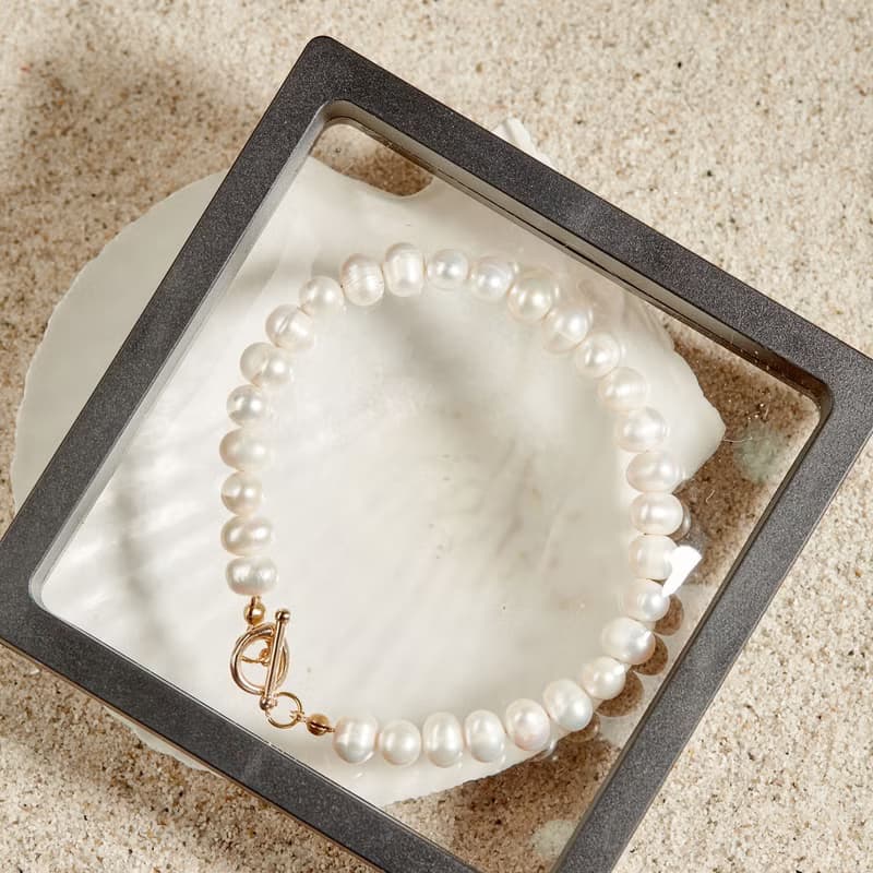 天然白色淡水珍珠手鏈 7–8mm 金色OT扣 經典優雅 生日禮物