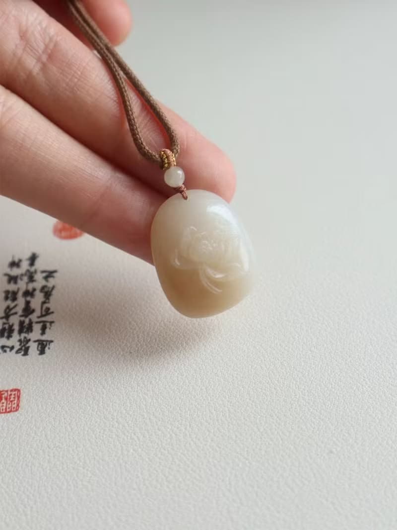 天然和田玉糖白雕花無事牌吊墜精工雕刻荷花糖白過度自然無事平安