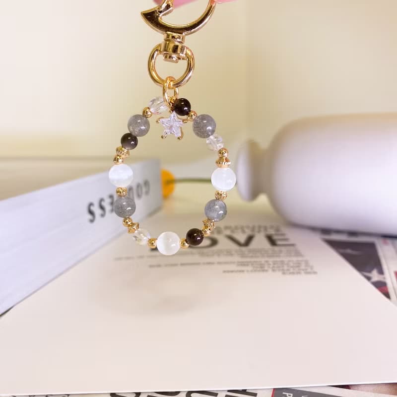 望星 灰月光拉長石 透石膏 黑曜石 白水晶 水晶天然石礦石鑰匙圈