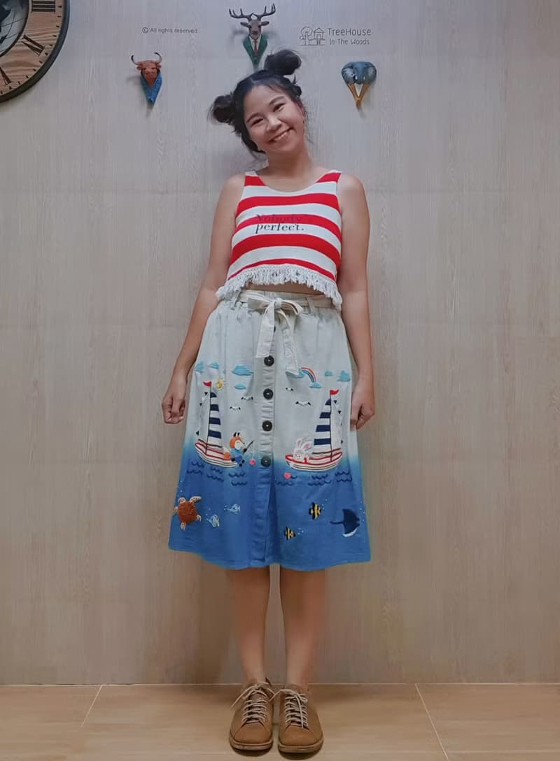 手工刺繡裙子、棉織物、帆船、狐狸、兔子、海