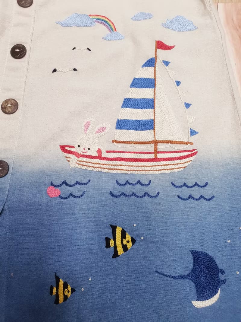 手工刺繡裙子、棉織物、帆船、狐狸、兔子、海