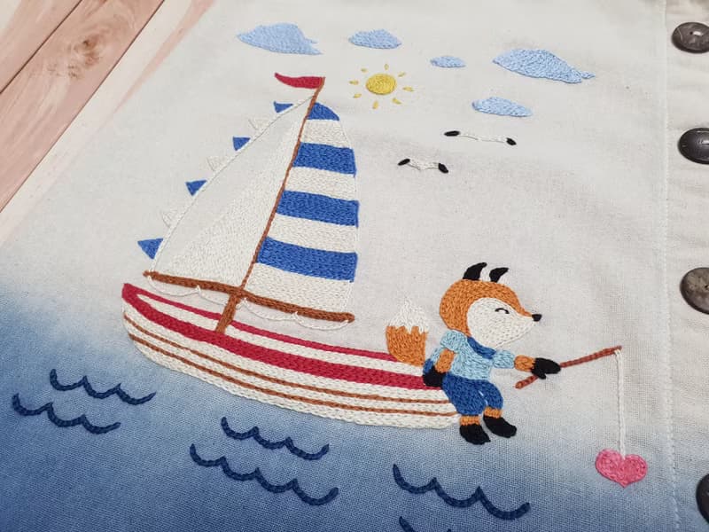 手工刺繡裙子、棉織物、帆船、狐狸、兔子、海