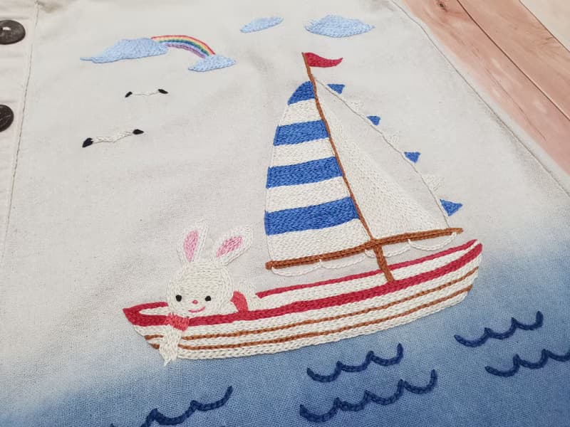 手工刺繡裙子、棉織物、帆船、狐狸、兔子、海