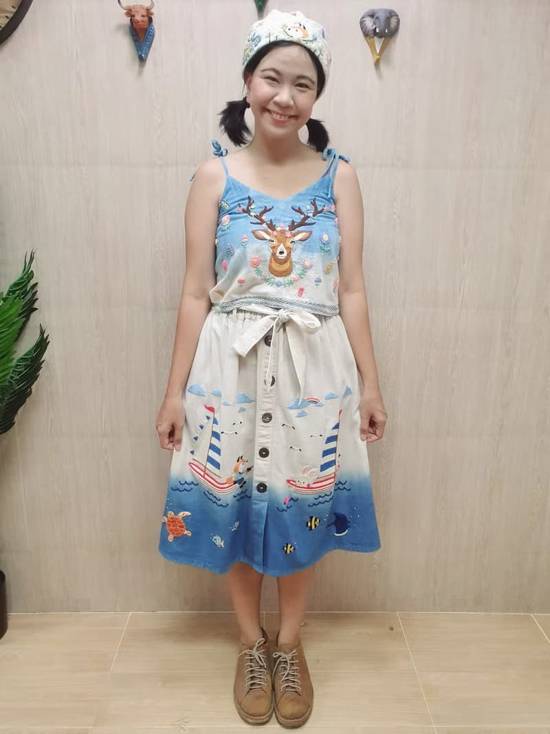 手工刺繡裙子、棉織物、帆船、狐狸、兔子、海
