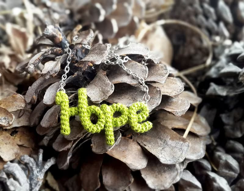 Hope Necklace Green Crochet Word Pendant Inspirational Jewelry Friendship Gift