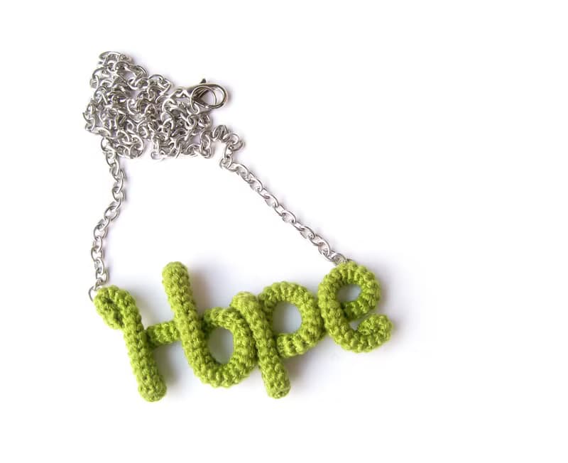 Hope Necklace Green Crochet Word Pendant Inspirational Jewelry Friendship Gift