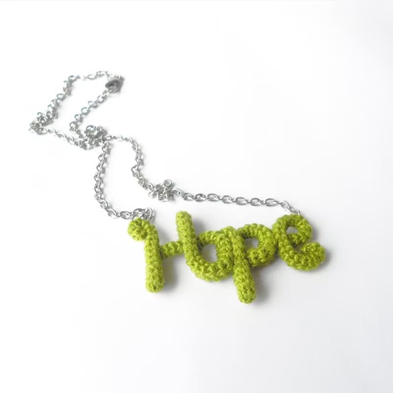 Hope Necklace Green Crochet Word Pendant Inspirational Jewelry Friendship Gift