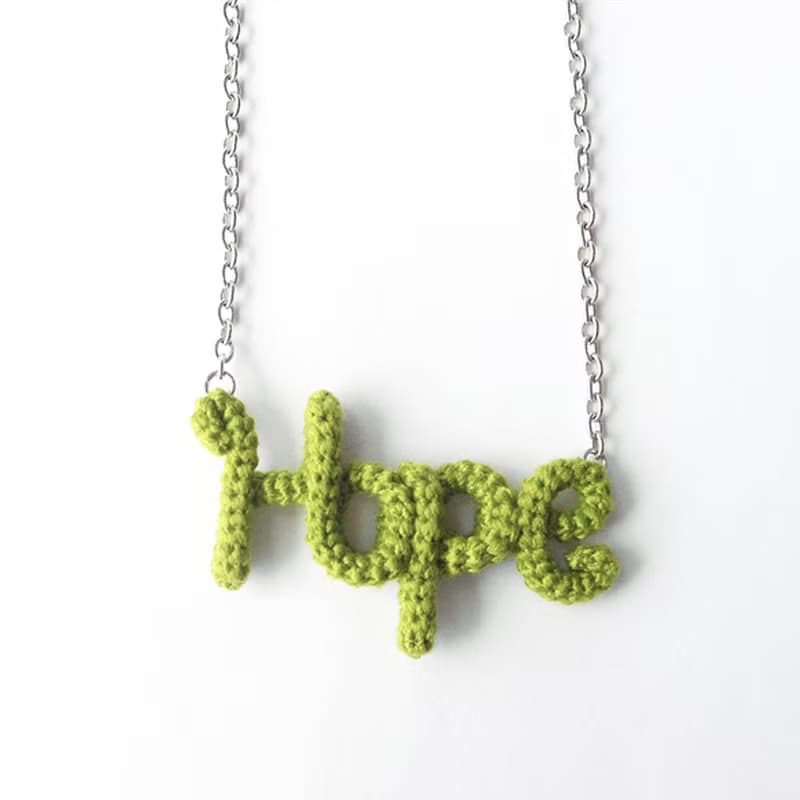 Hope Necklace Green Crochet Word Pendant Inspirational Jewelry Friendship Gift