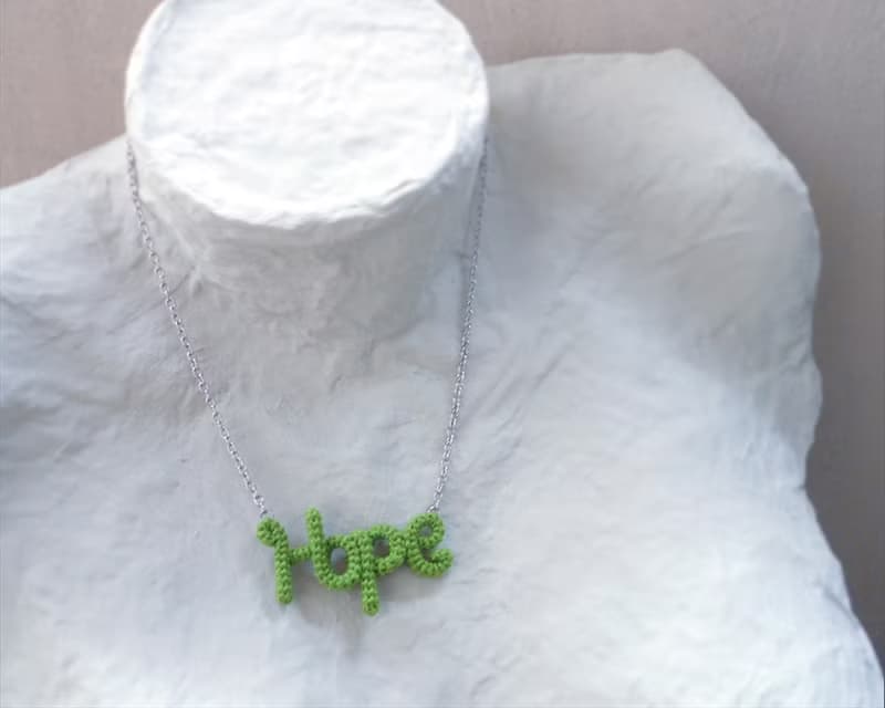 Hope Necklace Green Crochet Word Pendant Inspirational Jewelry Friendship Gift