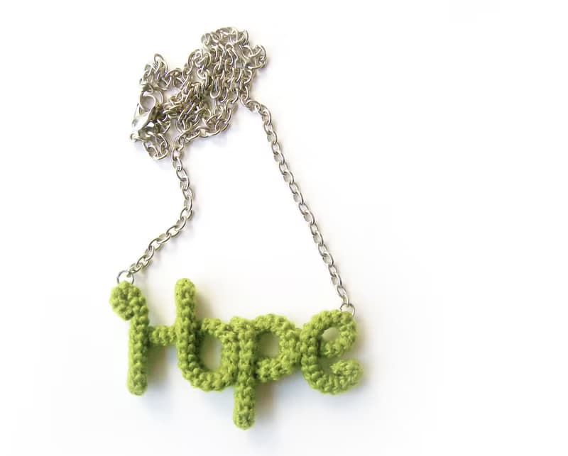 Hope Necklace Green Crochet Word Pendant Inspirational Jewelry Friendship Gift