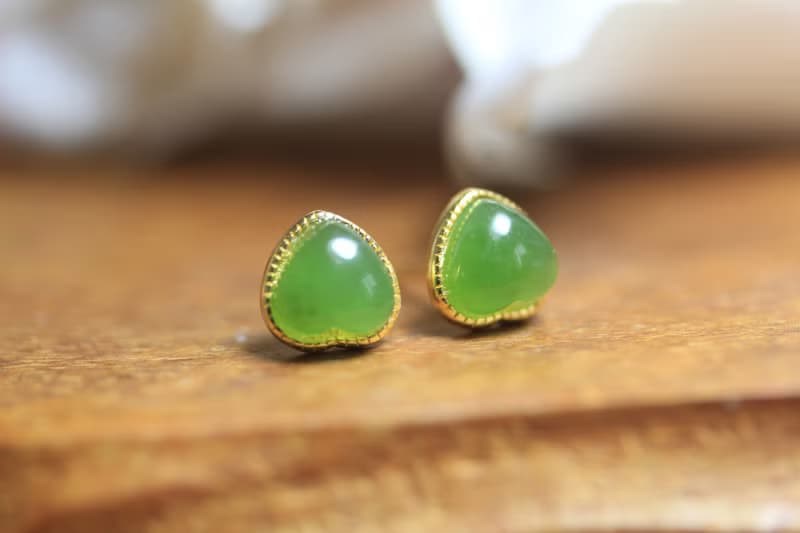 【碧玉愛之心】耳環耳飾耳釘 S925純銀鍍金  新款桃心 新疆和田玉