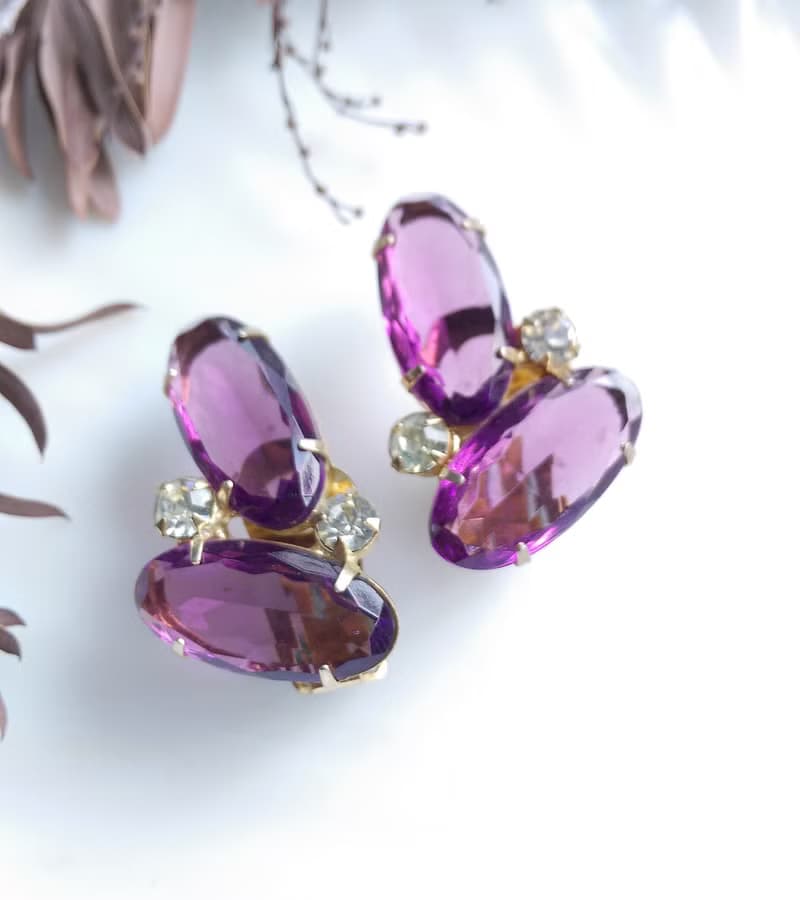 Vintage Jewelry 西洋古董飾品 紫色調 優美萊茵 對稱 夾式耳環