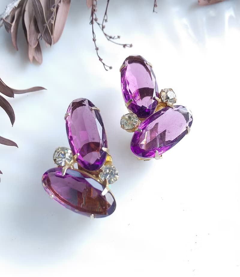 Vintage Jewelry 西洋古董飾品 紫色調 優美萊茵 對稱 夾式耳環