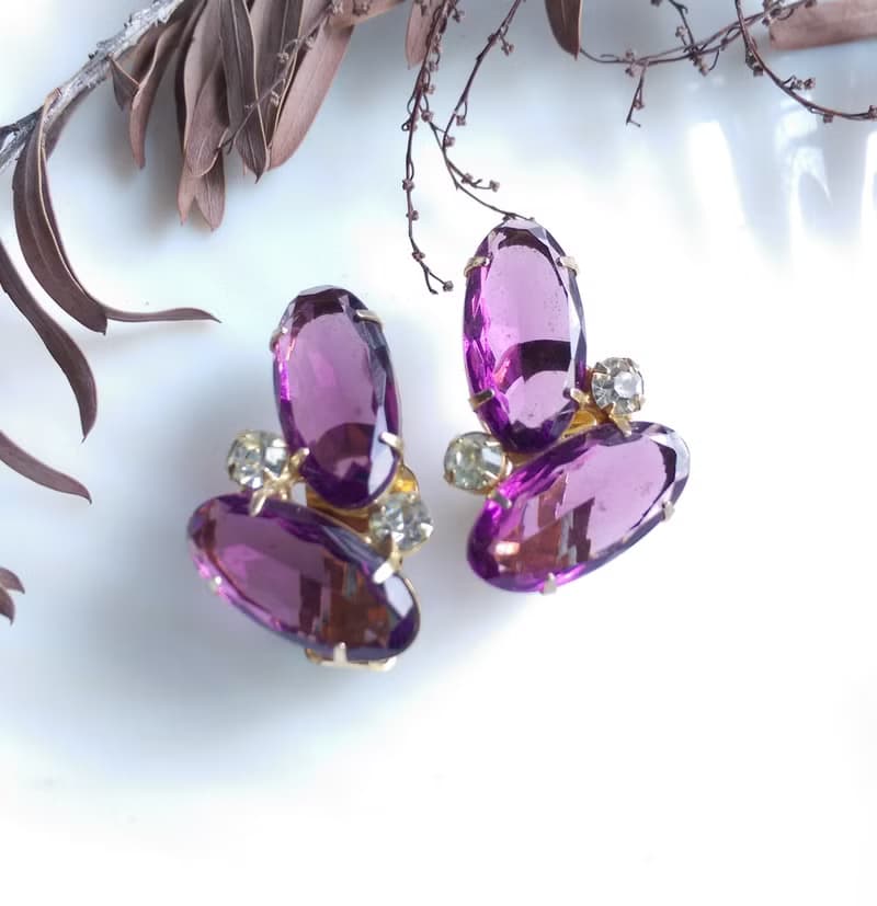 Vintage Jewelry 西洋古董飾品 紫色調 優美萊茵 對稱 夾式耳環
