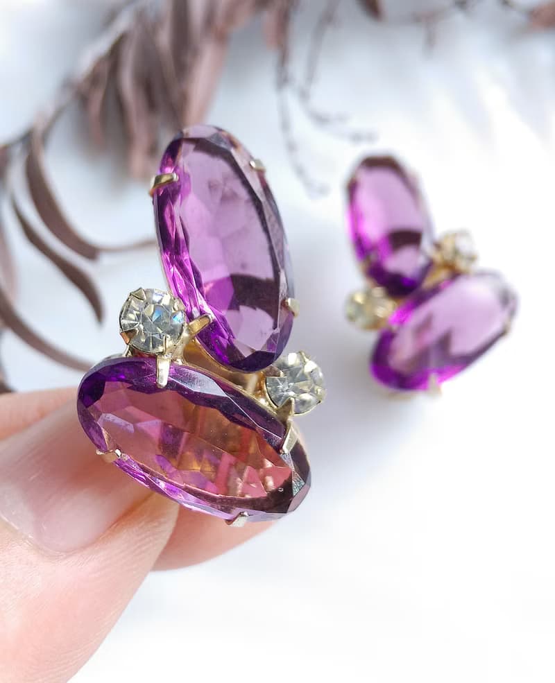 Vintage Jewelry 西洋古董飾品 紫色調 優美萊茵 對稱 夾式耳環