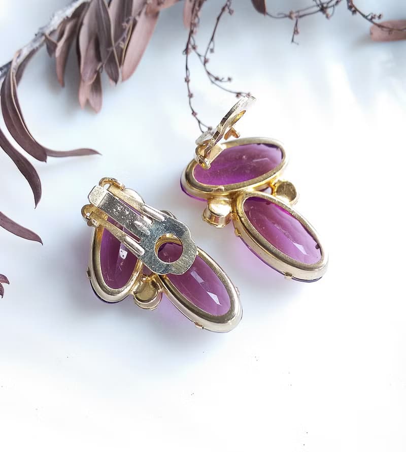 Vintage Jewelry 西洋古董飾品 紫色調 優美萊茵 對稱 夾式耳環