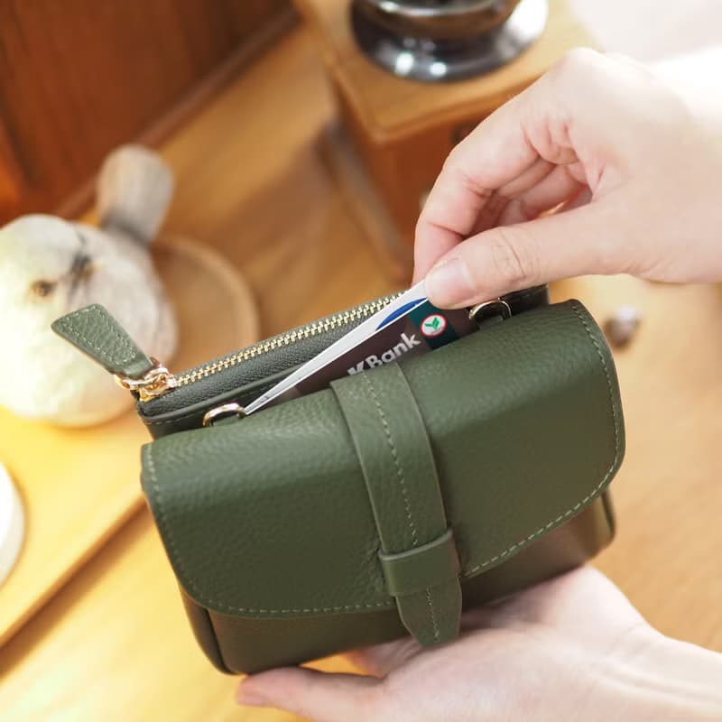 Khloe (Moss green): Micro bag, Short wallet, Crossbody bag, Cow Leather wallet
