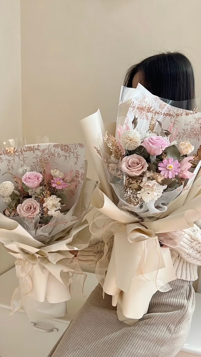 Flora Flower 乾燥永生花束—奶杏粉