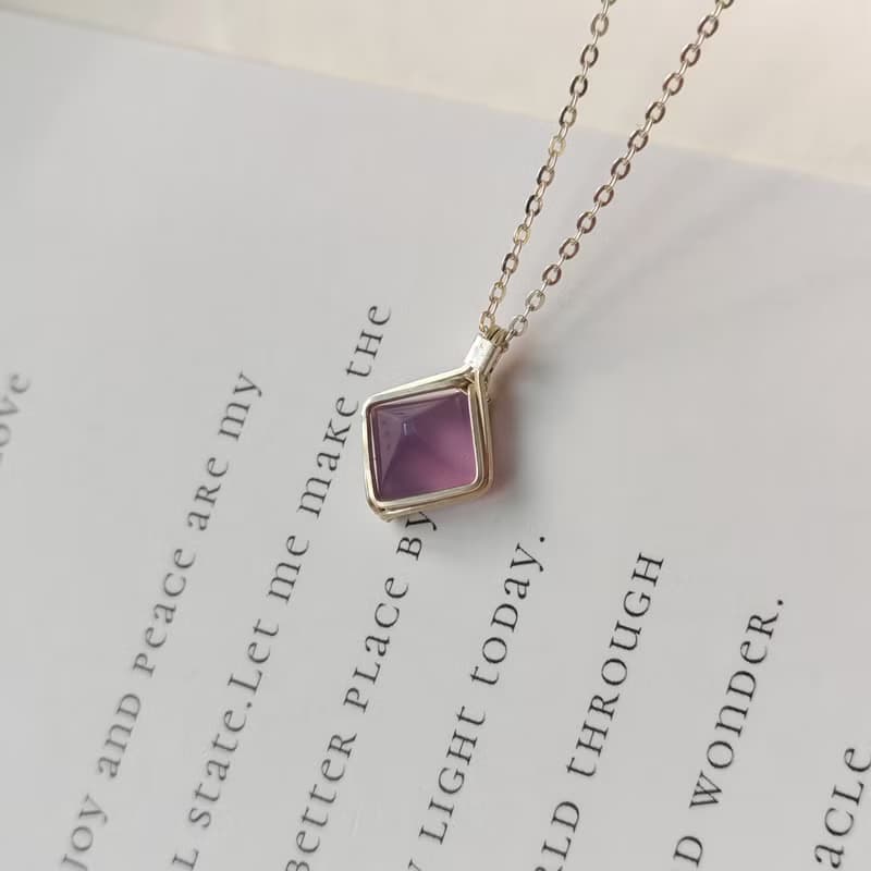 紫玉髓糖塔吊墜 天然巴西糖包山紫色玉髓項鍊 純銀玉髓菱形吊墜