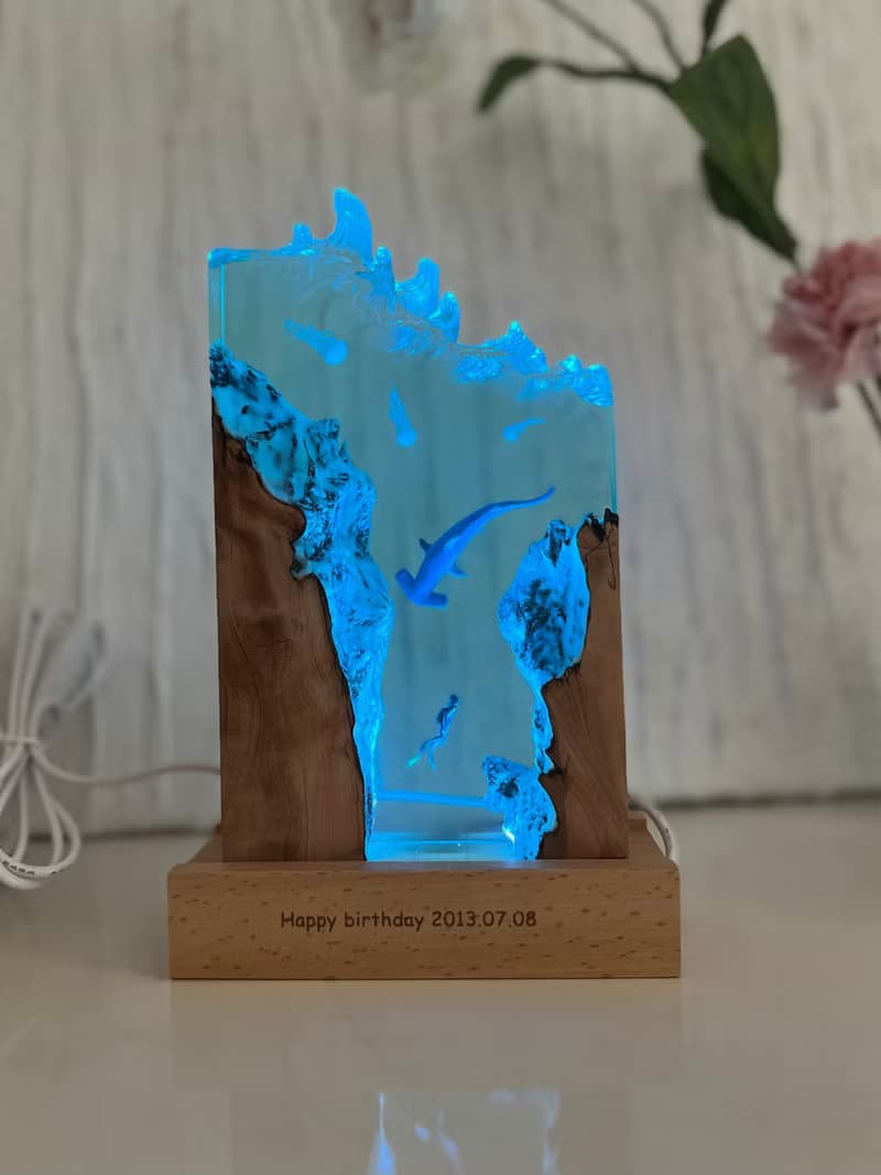 海洋禮物/環氧樹脂夜燈/潛水員與錘頭鯊海底微景觀