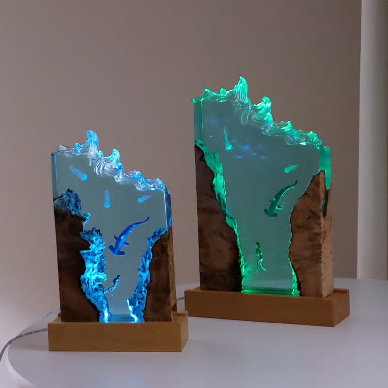 海洋禮物/環氧樹脂夜燈/潛水員與錘頭鯊海底微景觀