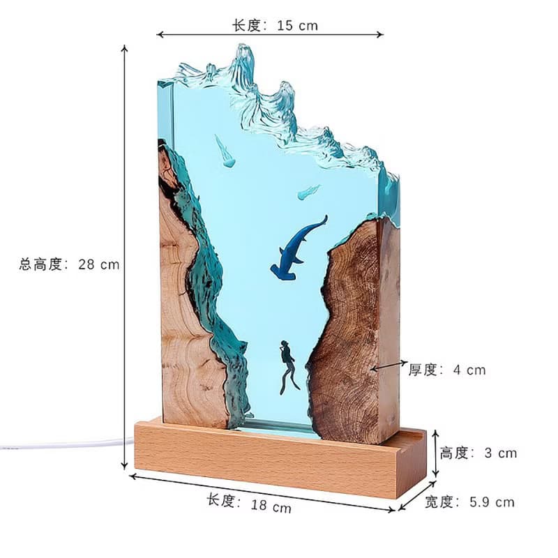 海洋禮物/環氧樹脂夜燈/潛水員與錘頭鯊海底微景觀
