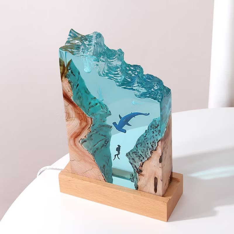 海洋禮物/環氧樹脂夜燈/潛水員與錘頭鯊海底微景觀