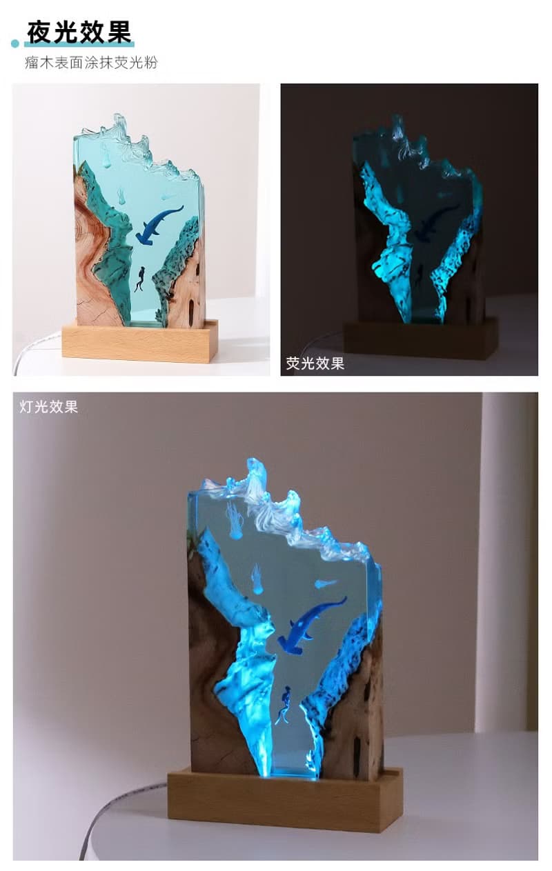 海洋禮物/環氧樹脂夜燈/潛水員與錘頭鯊海底微景觀