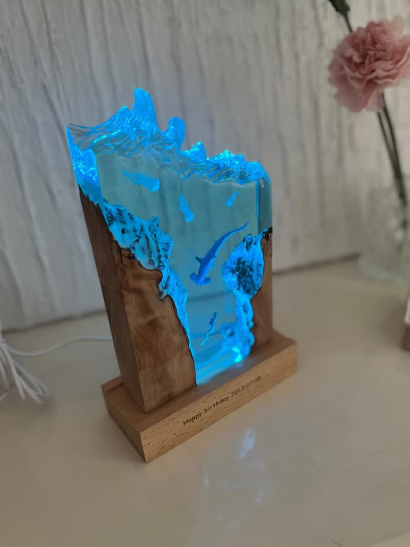 海洋禮物/環氧樹脂夜燈/潛水員與錘頭鯊海底微景觀