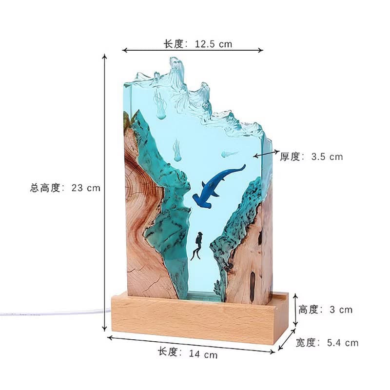 海洋禮物/環氧樹脂夜燈/潛水員與錘頭鯊海底微景觀