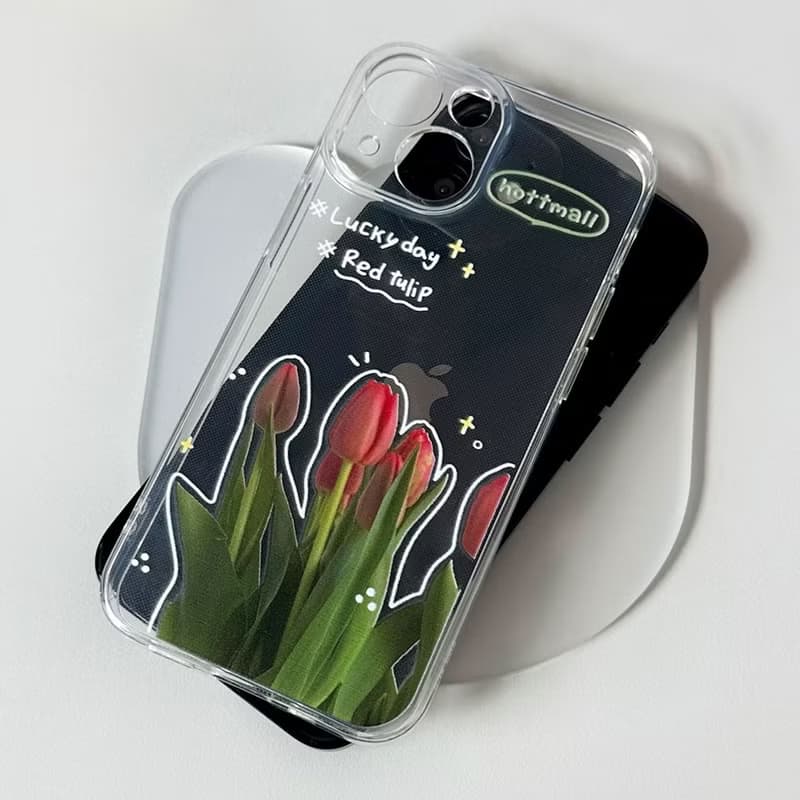 iPhone 16/15/14/13/12/11/XS/XR/7/8/SE2/SE3 Red tulip Transparent Phone Case