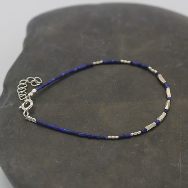 Diamond shape silver beads with dark blue lapis lazuli bracelet (B0021)