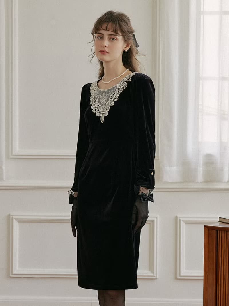 【SR全館一件包郵】Hailey 黑色網紗花邊絲絨洋裝