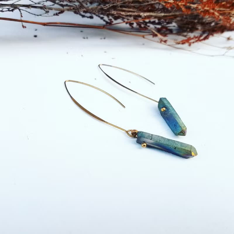 銀河星空系列_彩虹色石英石原礦大銅勾耳環_免費修改夾