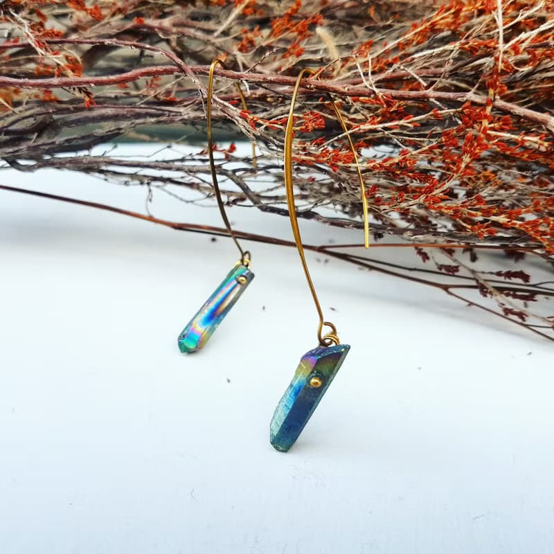 銀河星空系列_彩虹色石英石原礦大銅勾耳環_免費修改夾