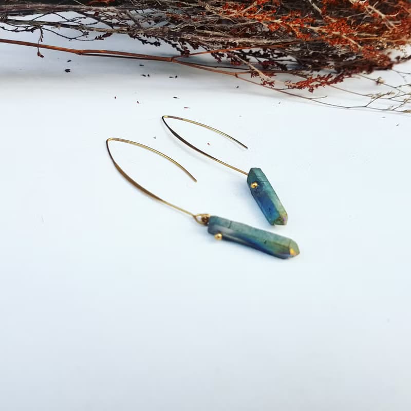 銀河星空系列_彩虹色石英石原礦大銅勾耳環_免費修改夾