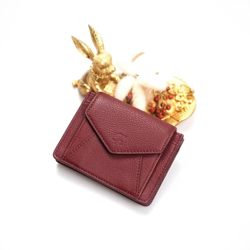 Daily (Burgundy) : Mini wallet, short wallet, cow leather, Dark red