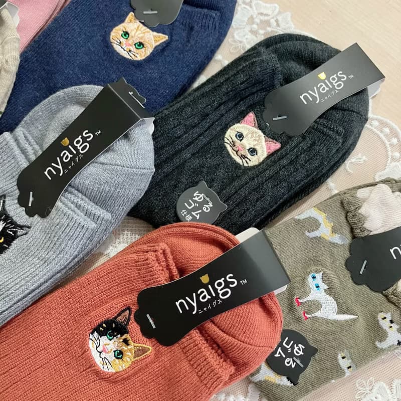 母の日にも_nyaigs猫刺繍ナチュラルカラー靴下7足セット