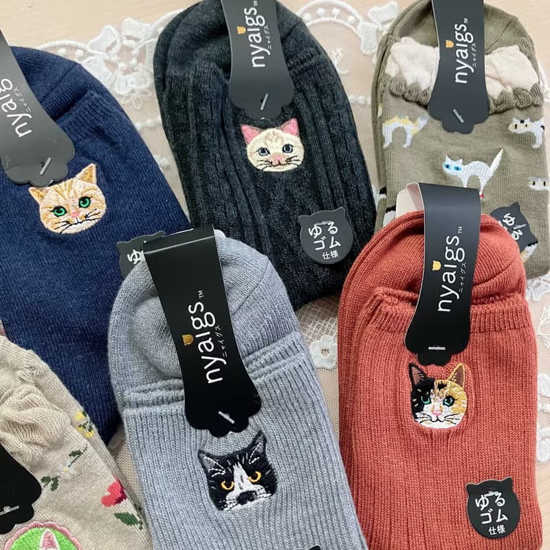 母の日にも_nyaigs猫刺繍ナチュラルカラー靴下7足セット