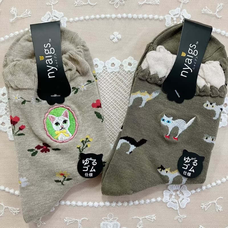 母の日にも_nyaigs猫刺繍ナチュラルカラー靴下7足セット