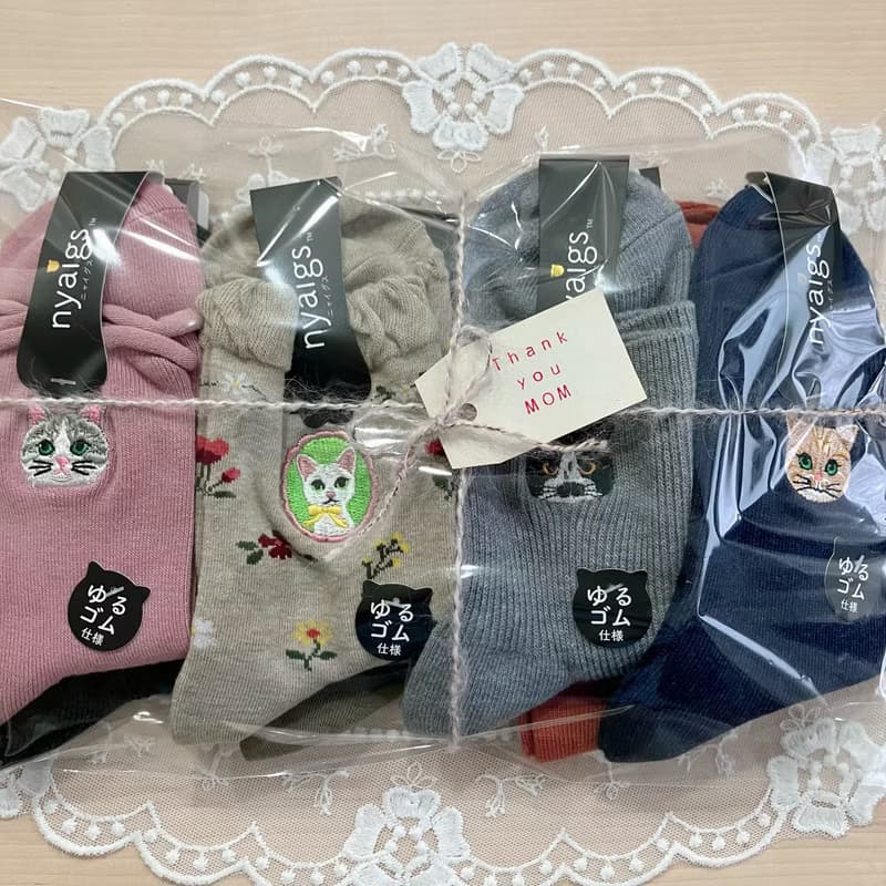 母の日にも_nyaigs猫刺繍ナチュラルカラー靴下7足セット